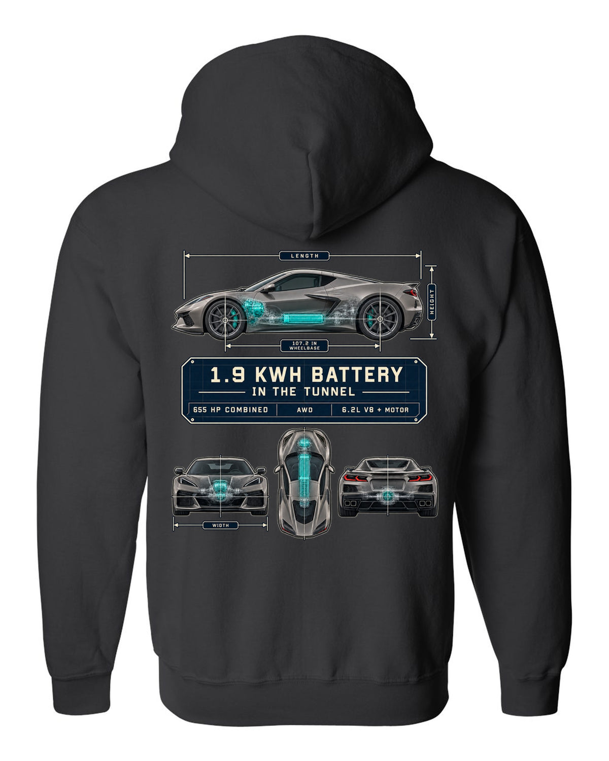 Dimension blueprint print of a Chevrolet Corvette C8 E-Ray with 1.9 kWh battery in the tunnel black zip hoodie back view with the design