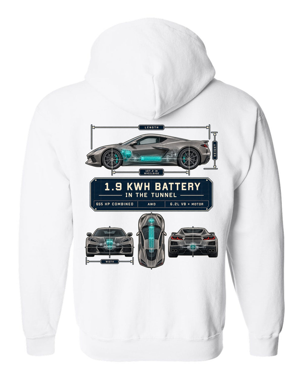 Dimension blueprint print of a Chevrolet Corvette C8 E-Ray with 1.9 kWh battery in the tunnel white zip hoodie back view with the design