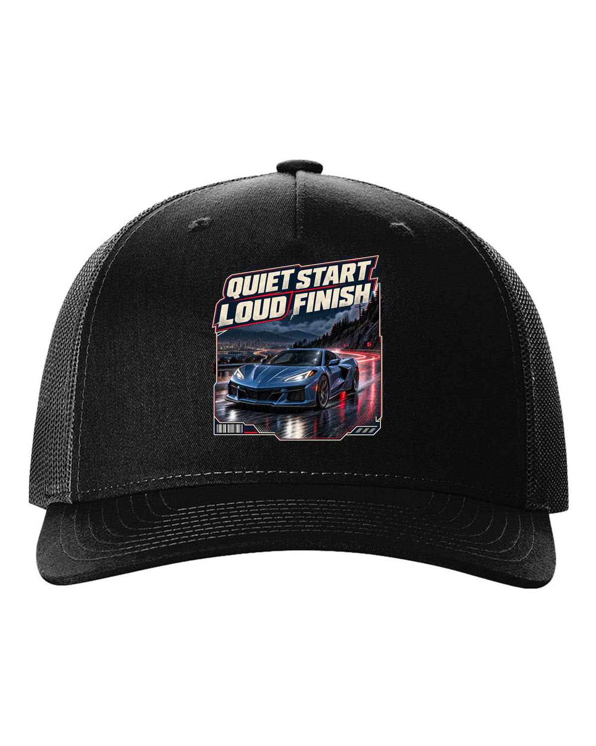 print of a Chevrolet Corvette C8 E-Ray on a wet night street with quiet start, loud finish text black hat front view with the design