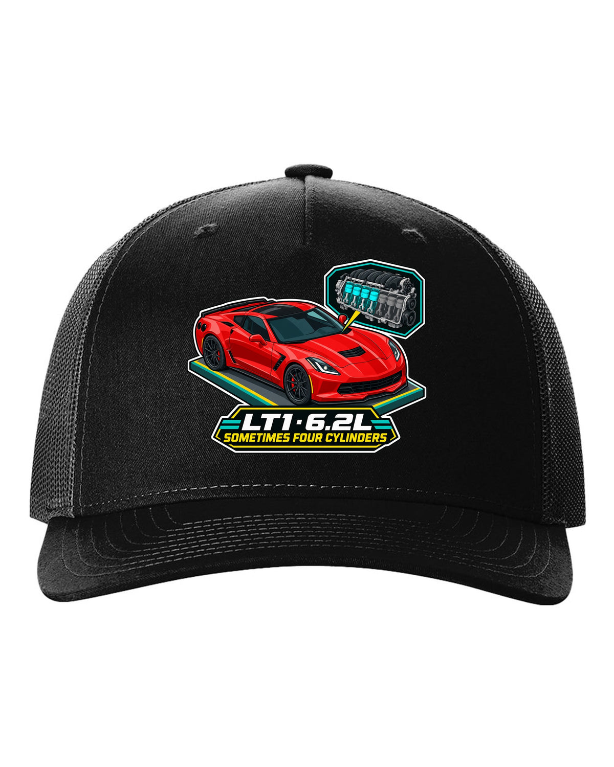 Art deco Le Mans night racing poster print of a yellow Chevrolet Corvette C8.R with LT1 6.2L lettering black hat front view with the design