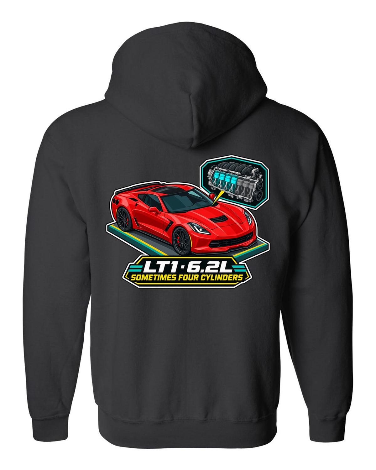 Art deco Le Mans night racing poster print of a yellow Chevrolet Corvette C8.R with LT1 6.2L lettering black zip hoodie back view with the design