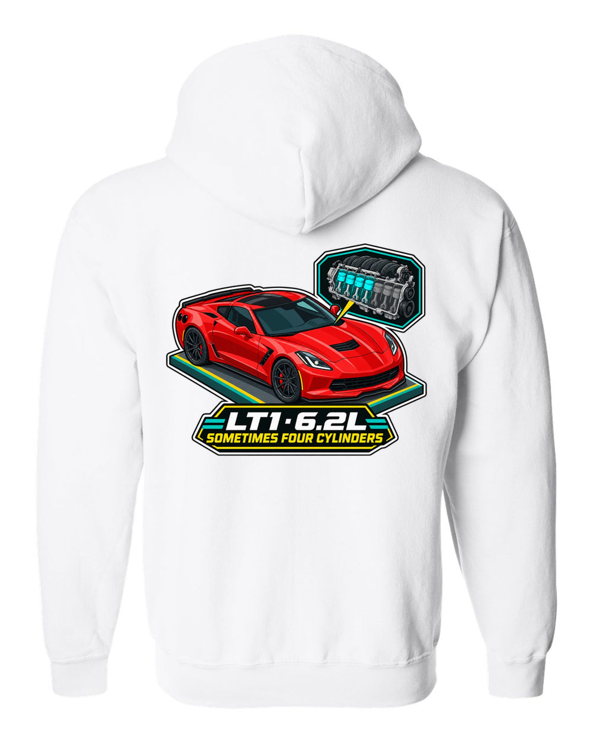 Art deco Le Mans night racing poster print of a yellow Chevrolet Corvette C8.R with LT1 6.2L lettering white zip hoodie back view with the design