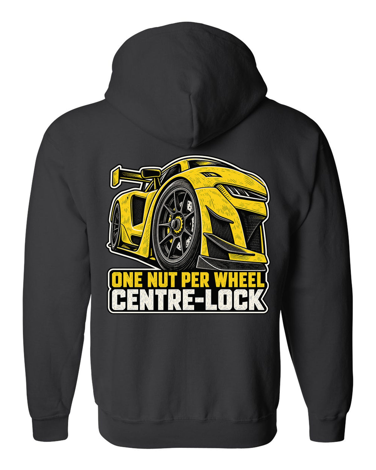 Risograph duotone design of a Corvette C8.R race car with large rear wing black zip hoodie back view with the design