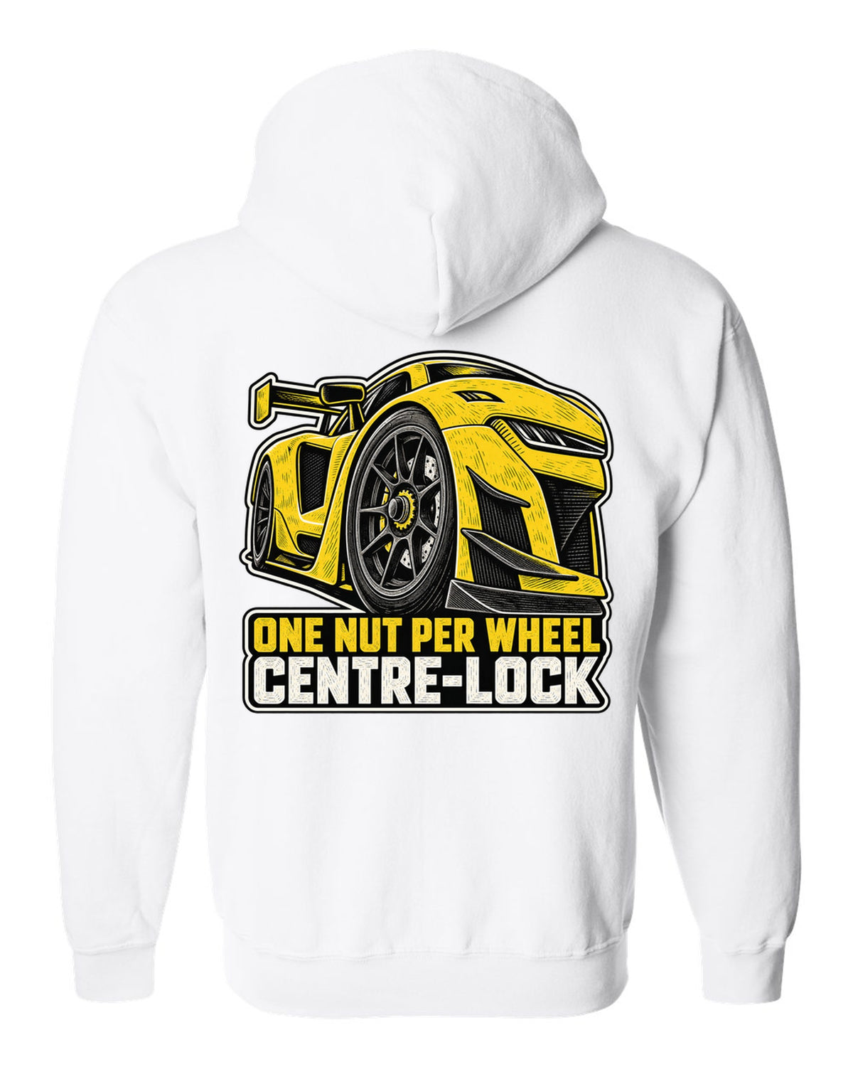 Risograph duotone design of a Corvette C8.R race car with large rear wing white zip hoodie back view with the design