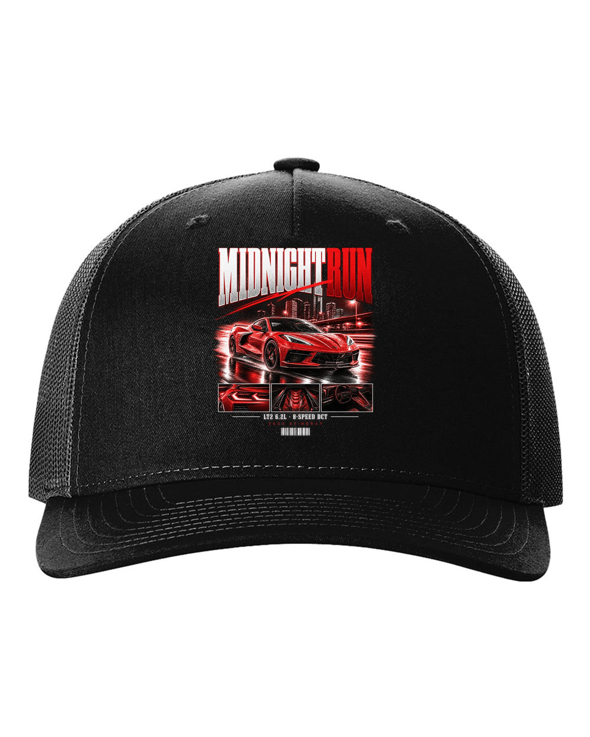 Corvette C8 Stingray 2023 widebody street poster Midnight Run black hat front view with the design