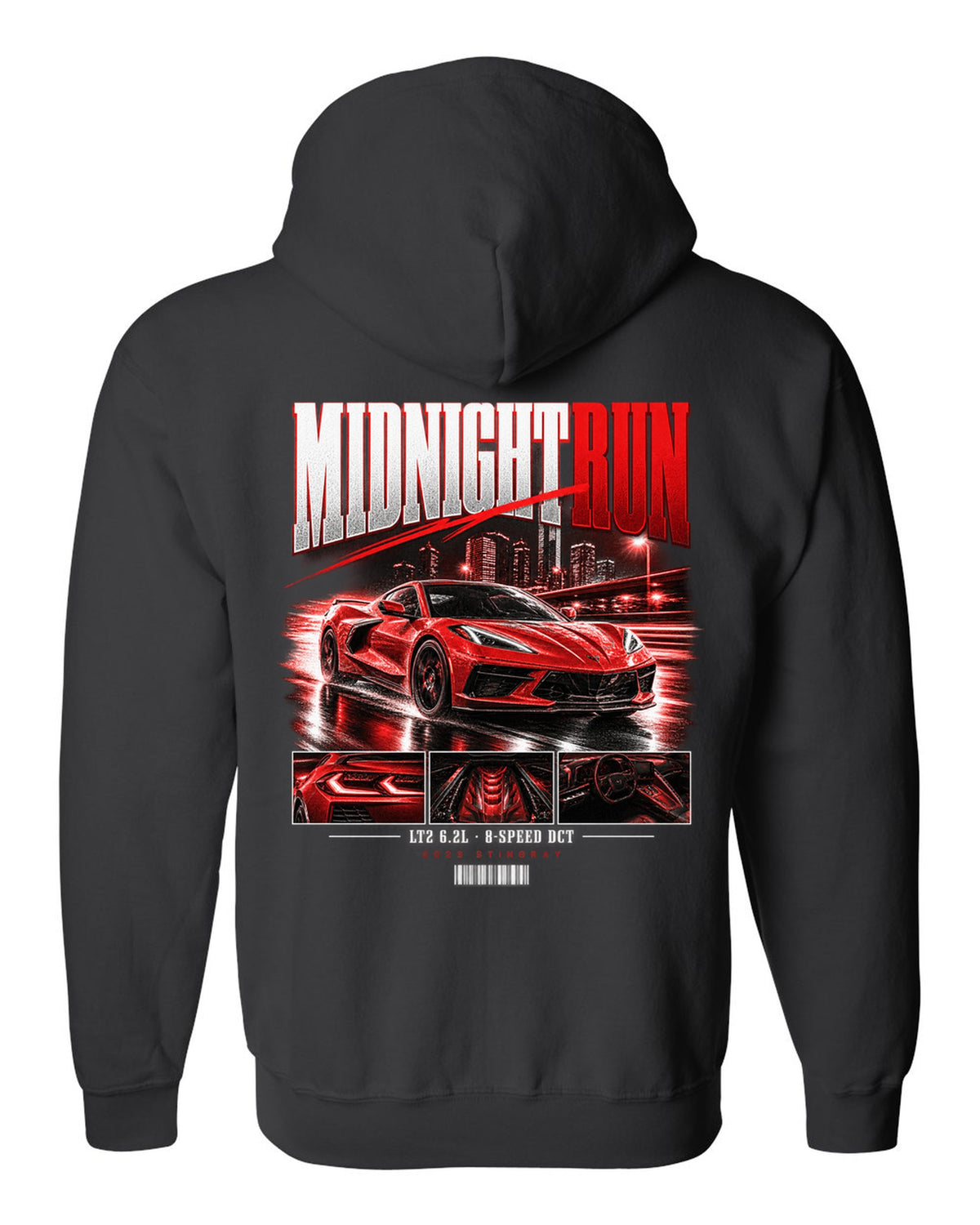 Corvette C8 Stingray 2023 widebody street poster Midnight Run black zip hoodie back view with the design