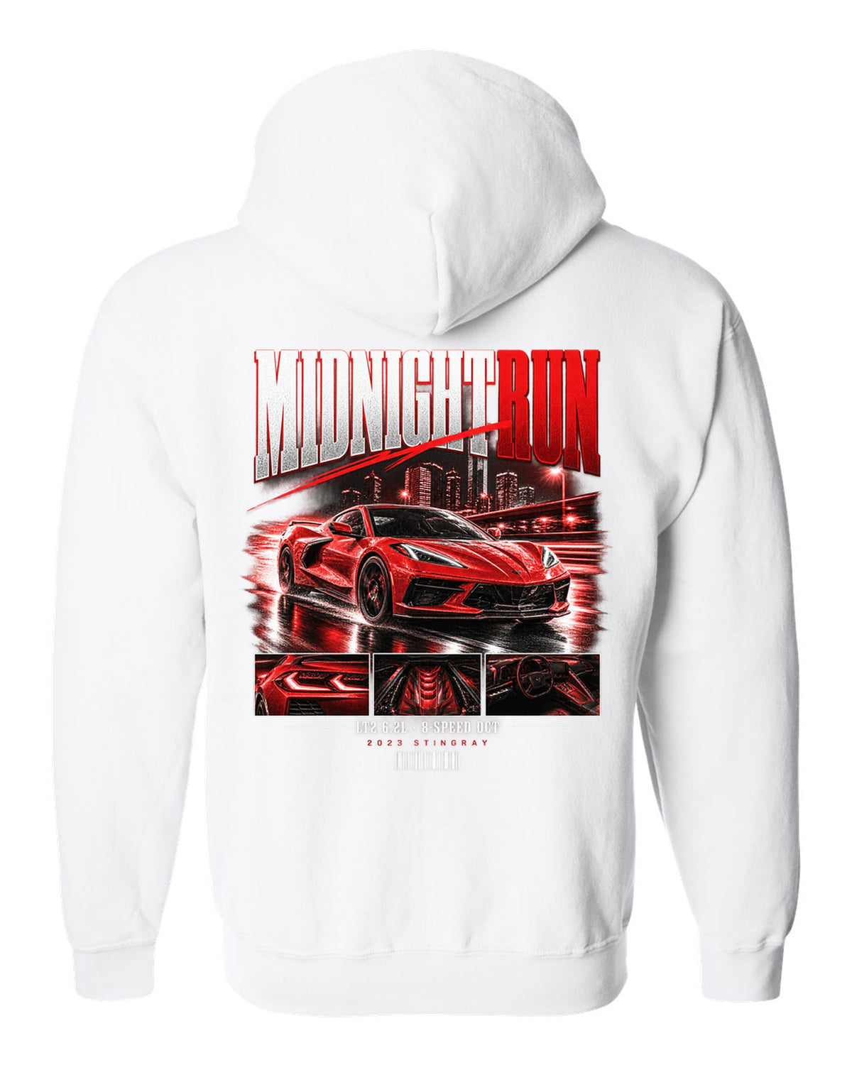 Corvette C8 Stingray 2023 widebody street poster Midnight Run white zip hoodie back view with the design