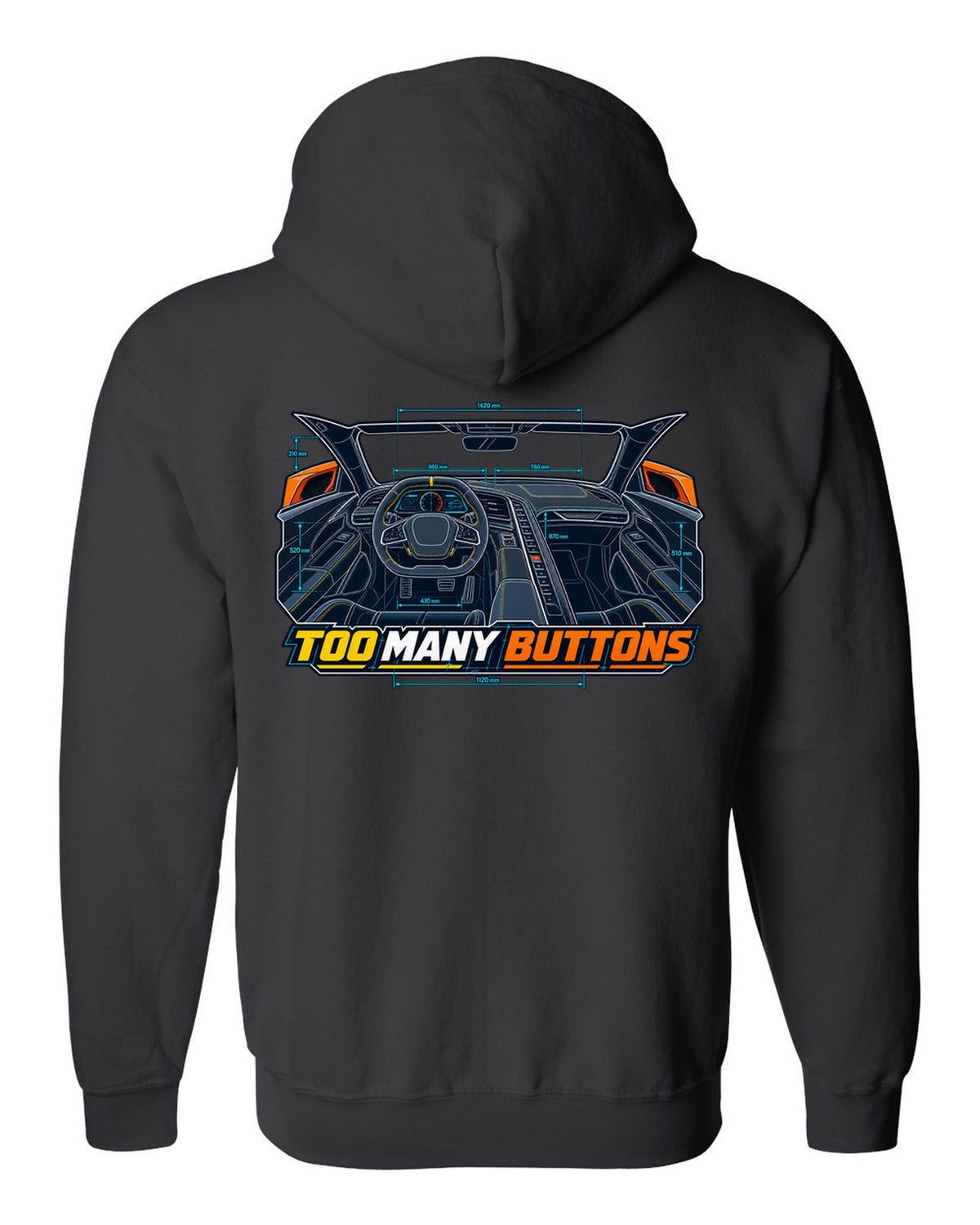 Blueprint line art print of a Chevrolet Corvette C8 Stingray cockpit with Too Many Buttons text black zip hoodie back view with the design
