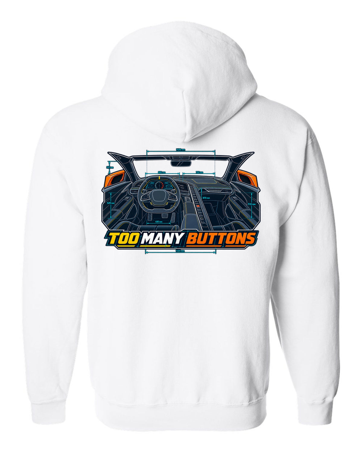 Blueprint line art print of a Chevrolet Corvette C8 Stingray cockpit with Too Many Buttons text white zip hoodie back view with the design