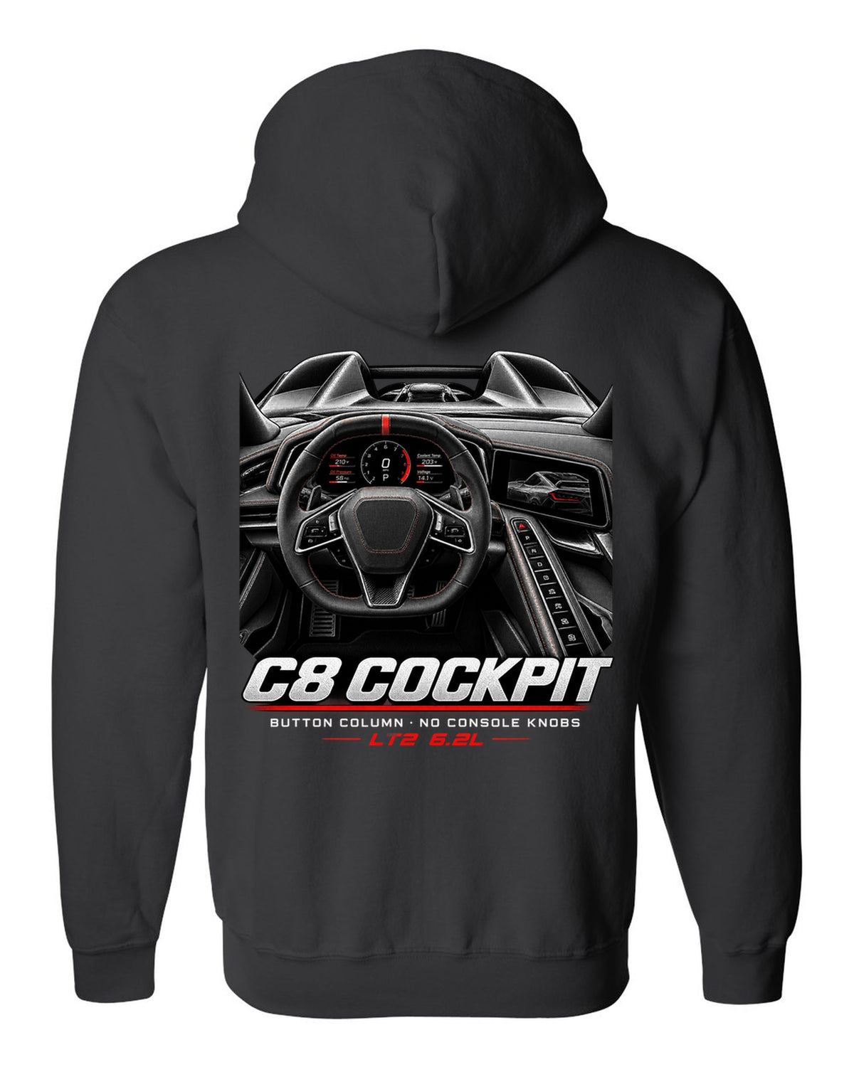 Corvette C8 Stingray 2020 cockpit with button column black zip hoodie back view with the design