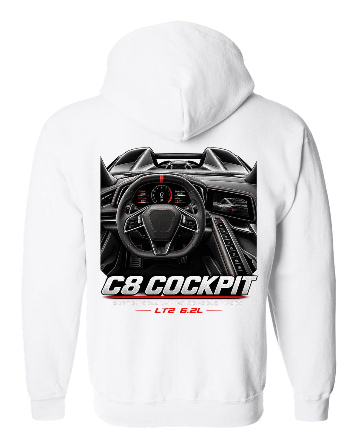 Corvette C8 Stingray 2020 cockpit with button column white zip hoodie back view with the design