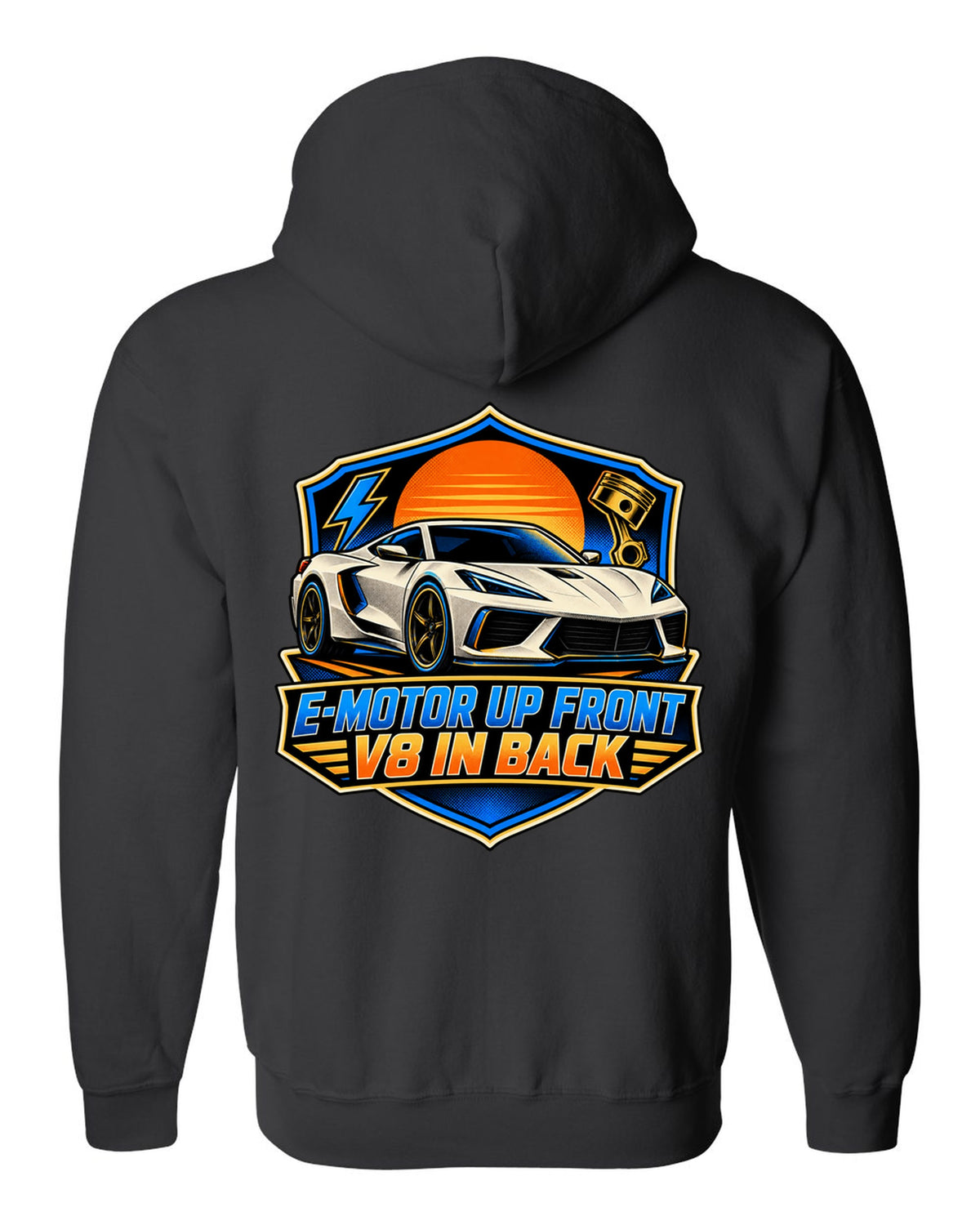 Comic halftone panel of a 2020 C8 Corvette Stingray with e-motor and V8 lettering black zip hoodie back view with the design