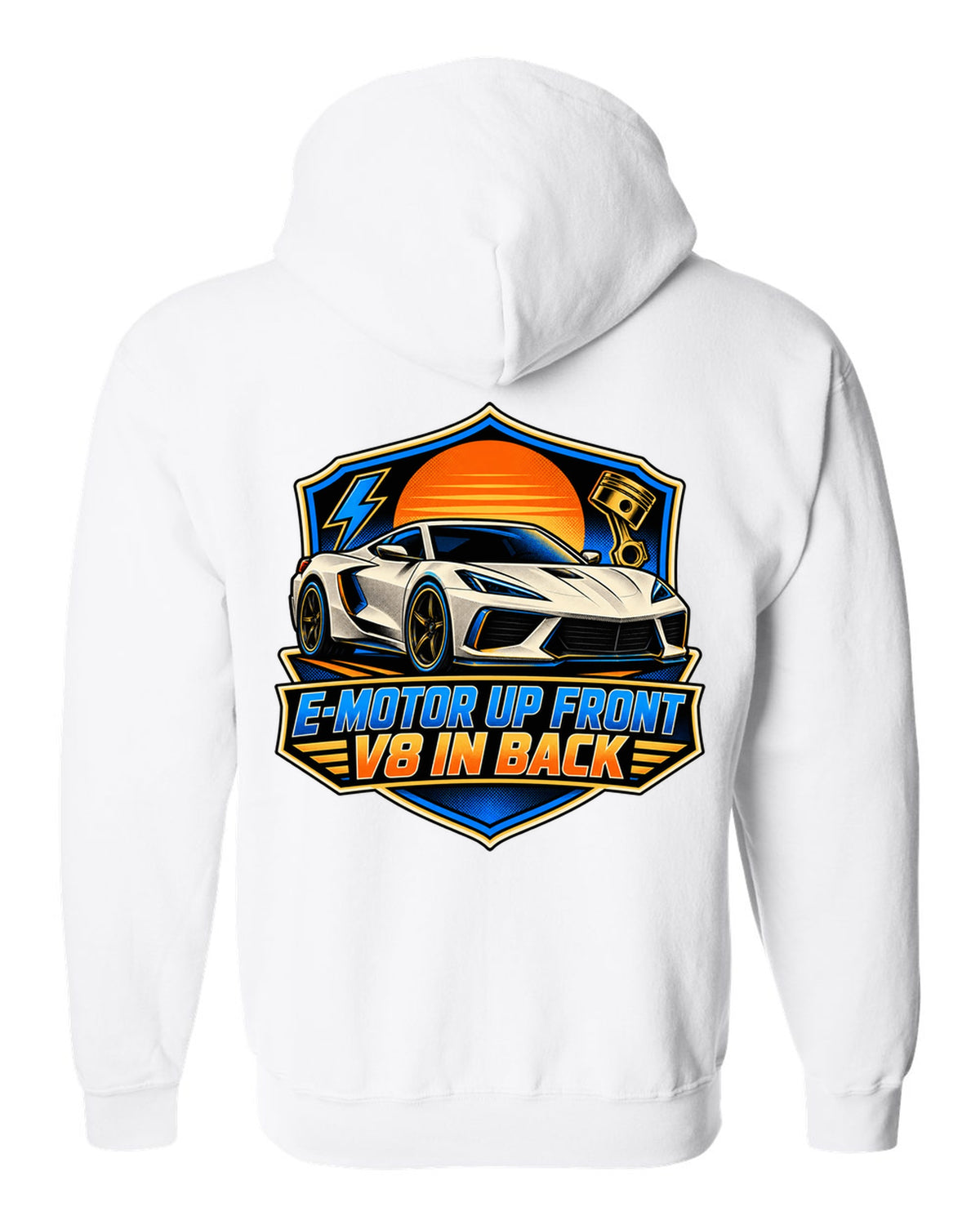 Comic halftone panel of a 2020 C8 Corvette Stingray with e-motor and V8 lettering white zip hoodie back view with the design