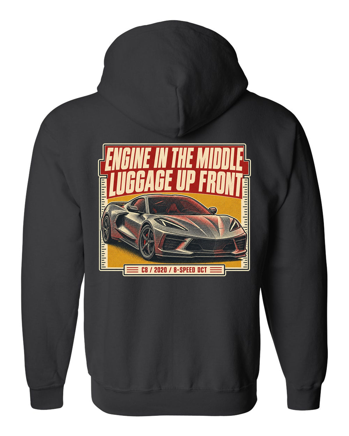 Halftone print of a Chevrolet Corvette C8 Stingray with engine in the middle text black zip hoodie back view with the design