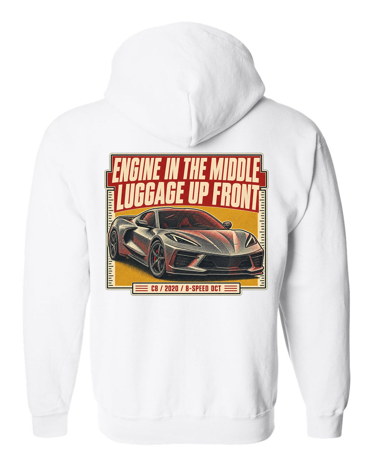Halftone print of a Chevrolet Corvette C8 Stingray with engine in the middle text white zip hoodie back view with the design