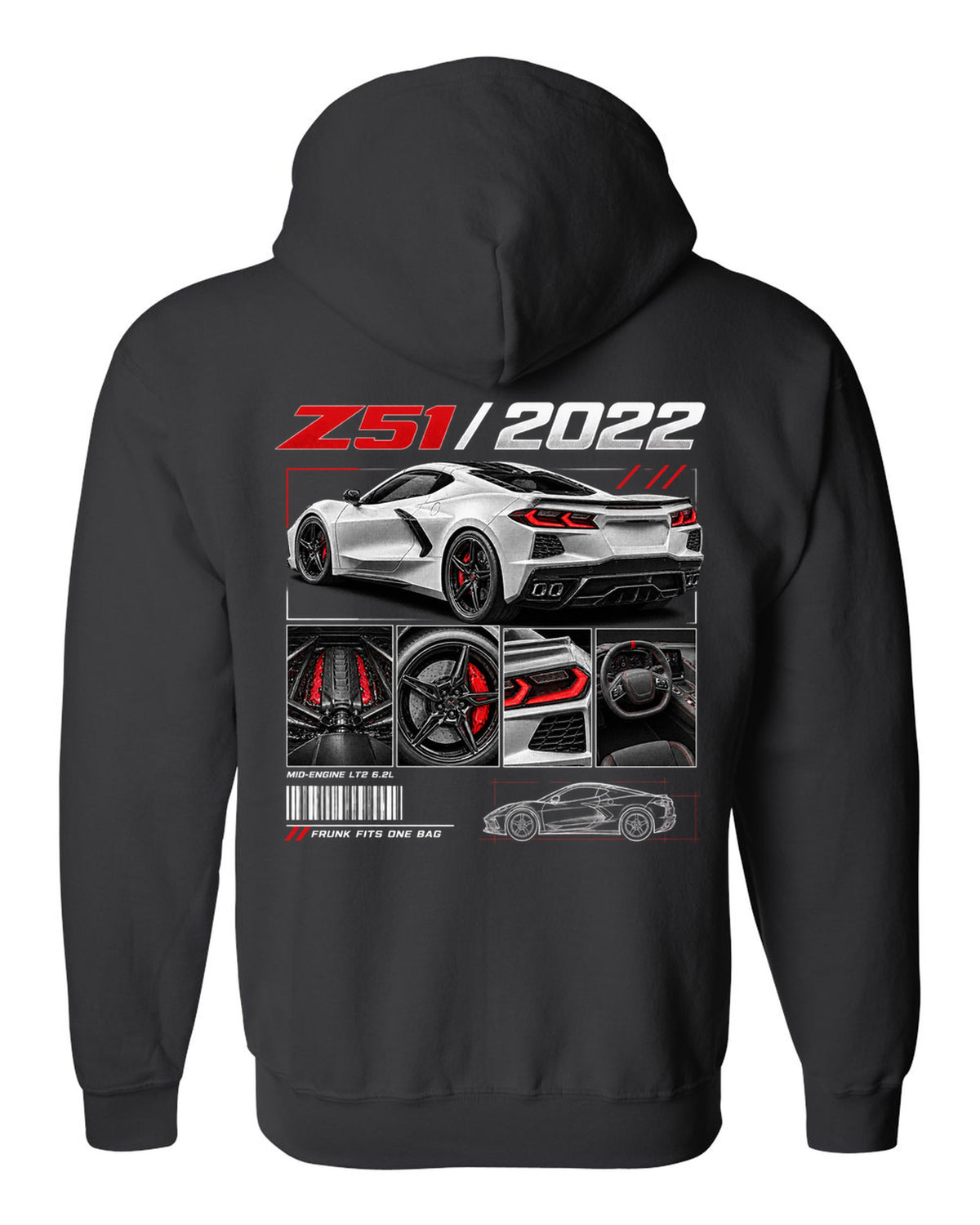 Corvette C8 Stingray Z51 2022 in dossier panels black zip hoodie back view with the design