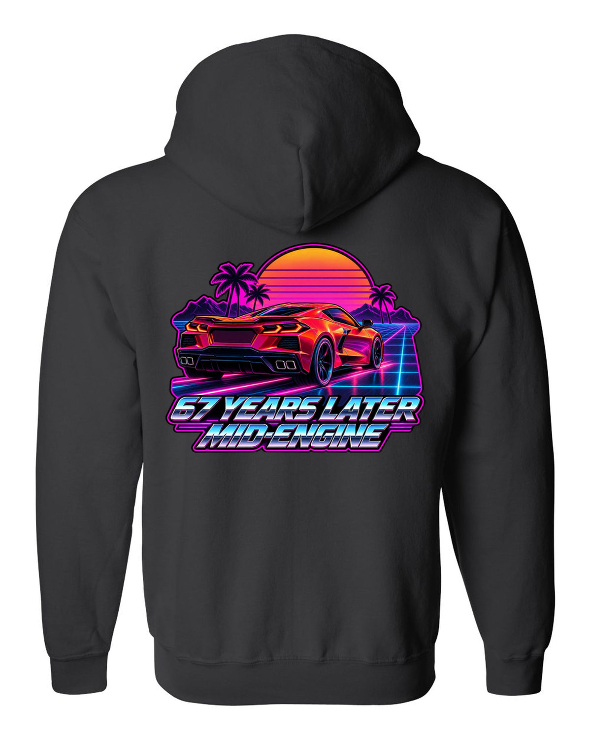 Spec-sheet data plate with overhead view of a 2023 C8 Corvette Z06 black zip hoodie back view with the design