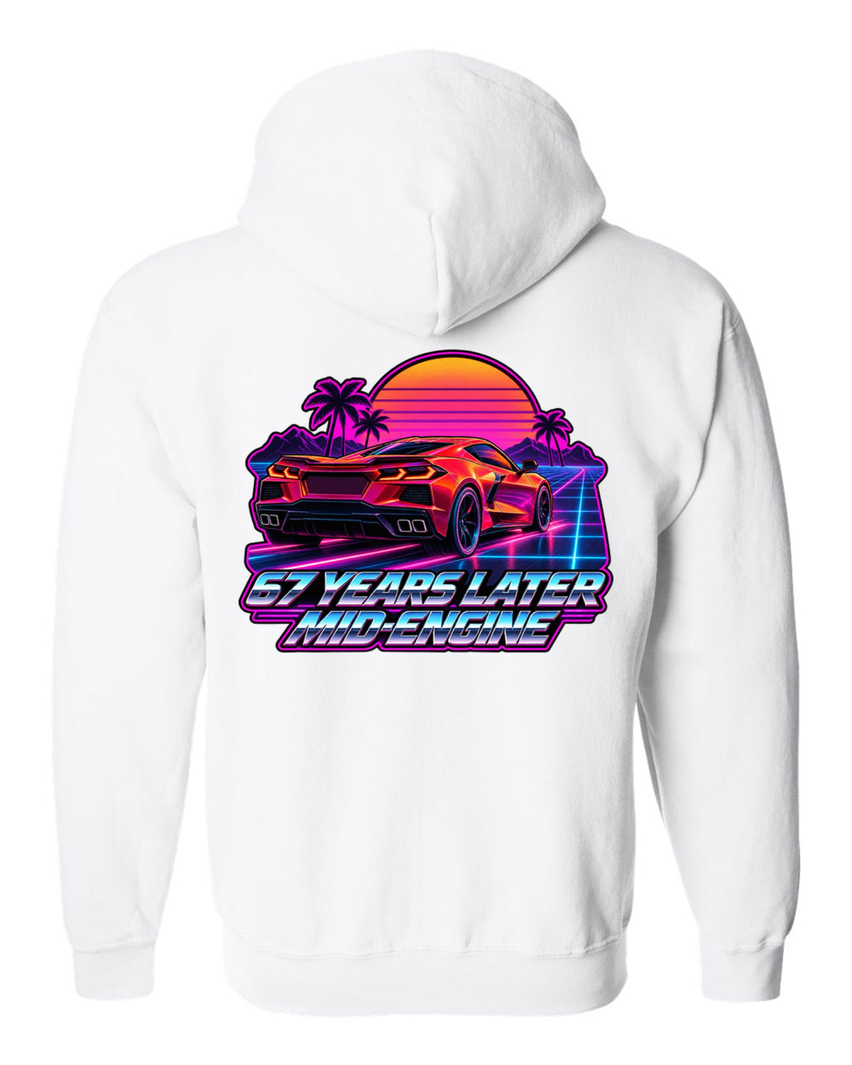 Spec-sheet data plate with overhead view of a 2023 C8 Corvette Z06 white zip hoodie back view with the design