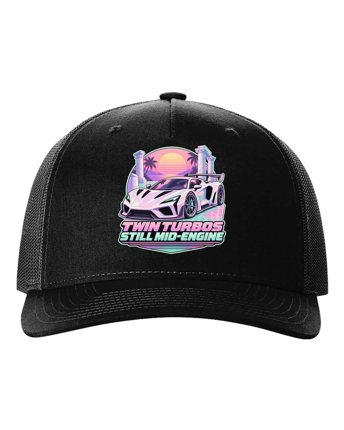 Badge crest design of a 2023 C8 Corvette Z06 with wide rear haunches black hat front view with the design