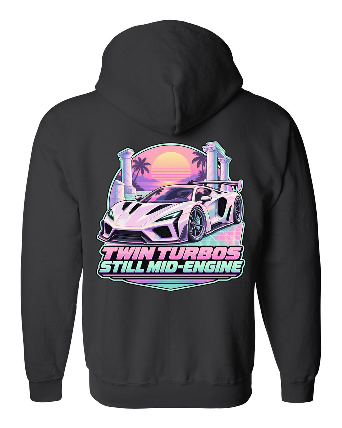 Badge crest design of a 2023 C8 Corvette Z06 with wide rear haunches black zip hoodie back view with the design