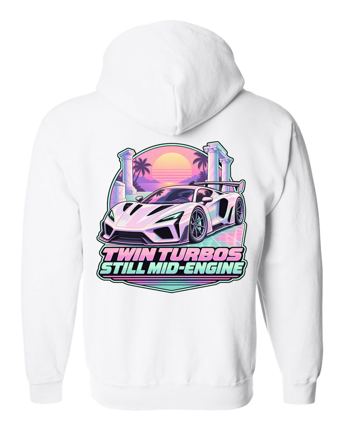 Badge crest design of a 2023 C8 Corvette Z06 with wide rear haunches white zip hoodie back view with the design