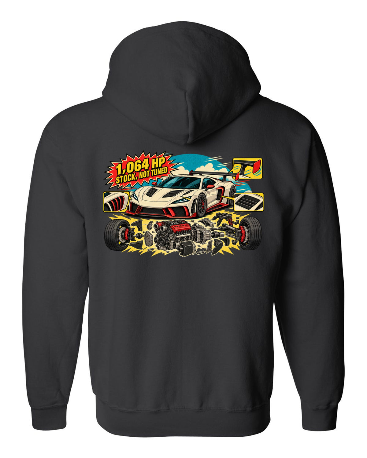 Exploded flat-plane V8 engine schematic with a 2023 C8 Corvette Z06 black zip hoodie back view with the design