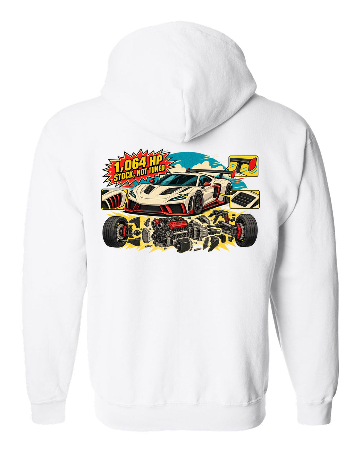 Exploded flat-plane V8 engine schematic with a 2023 C8 Corvette Z06 white zip hoodie back view with the design