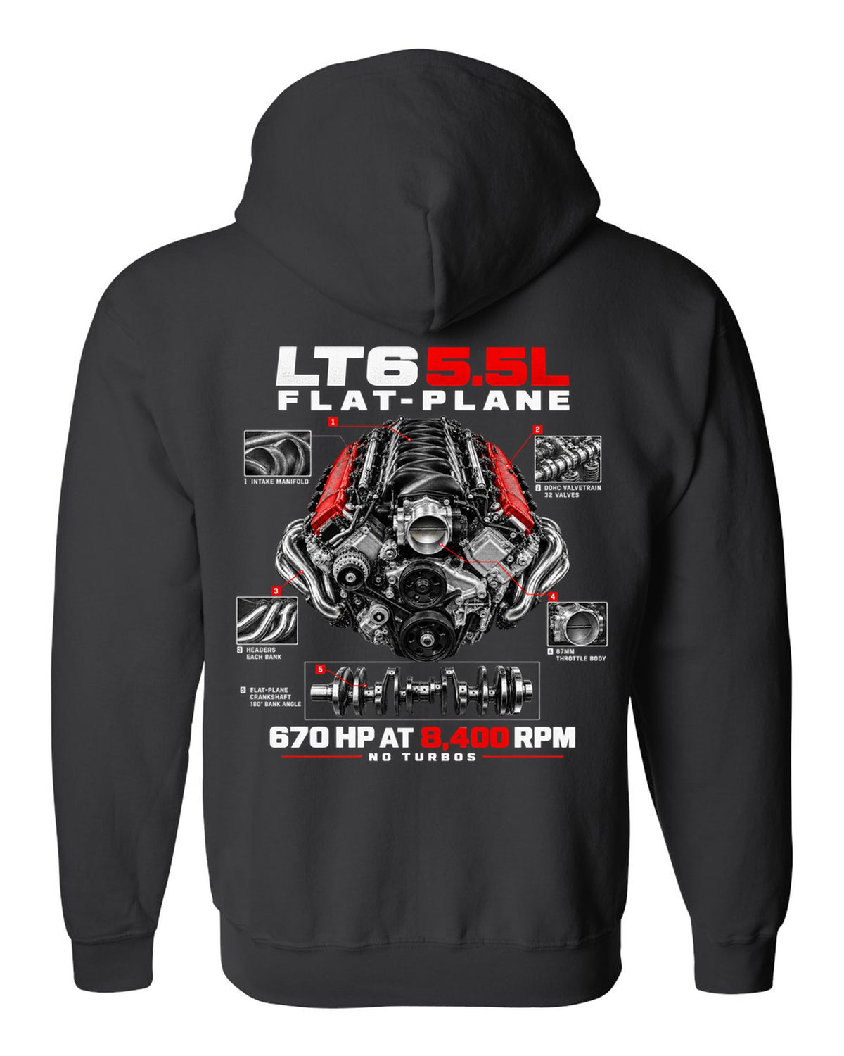 Corvette C8 Z06 LT6 5.5L flat-plane engine with central exhaust tips black zip hoodie back view with the design