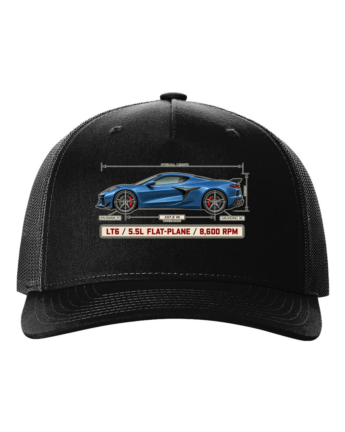 Dimension blueprint print of a Chevrolet Corvette C8 Z06 with LT6 5.5L flat-plane text black hat front view with the design
