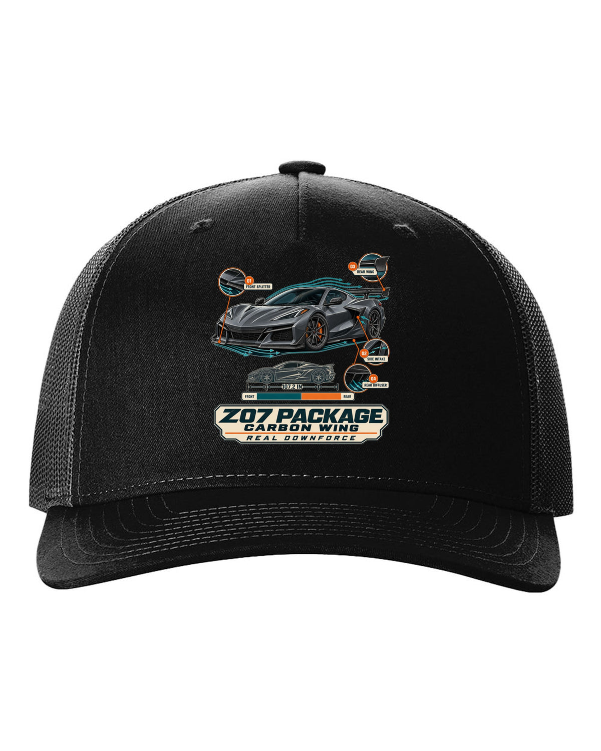 Aero callouts print of a Chevrolet Corvette C8 Z06 with Z07 package and carbon wing black hat front view with the design