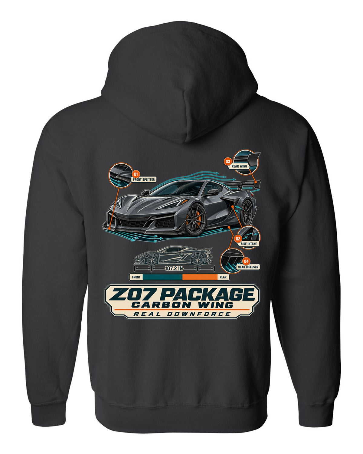 Aero callouts print of a Chevrolet Corvette C8 Z06 with Z07 package and carbon wing black zip hoodie back view with the design