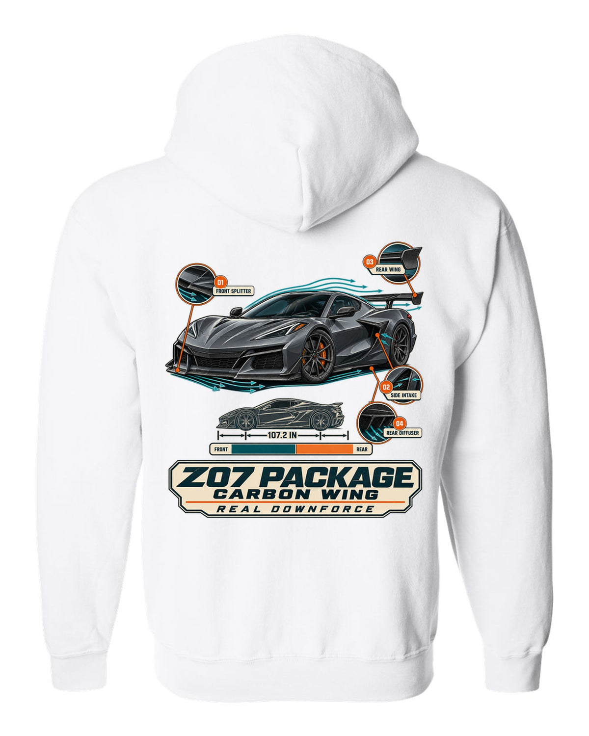 Aero callouts print of a Chevrolet Corvette C8 Z06 with Z07 package and carbon wing white zip hoodie back view with the design