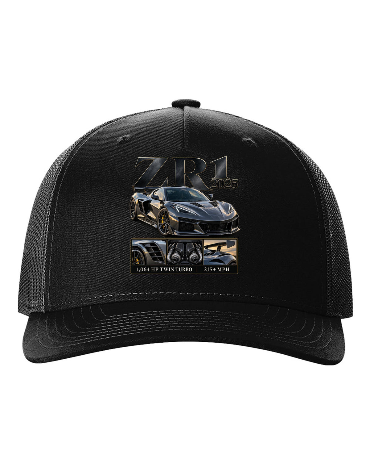 Corvette C8 ZR1 2025 with large fender vents, archive panel black hat front view with the design