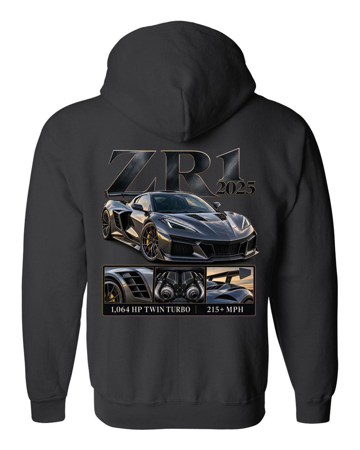Corvette C8 ZR1 2025 with large fender vents, archive panel black zip hoodie back view with the design