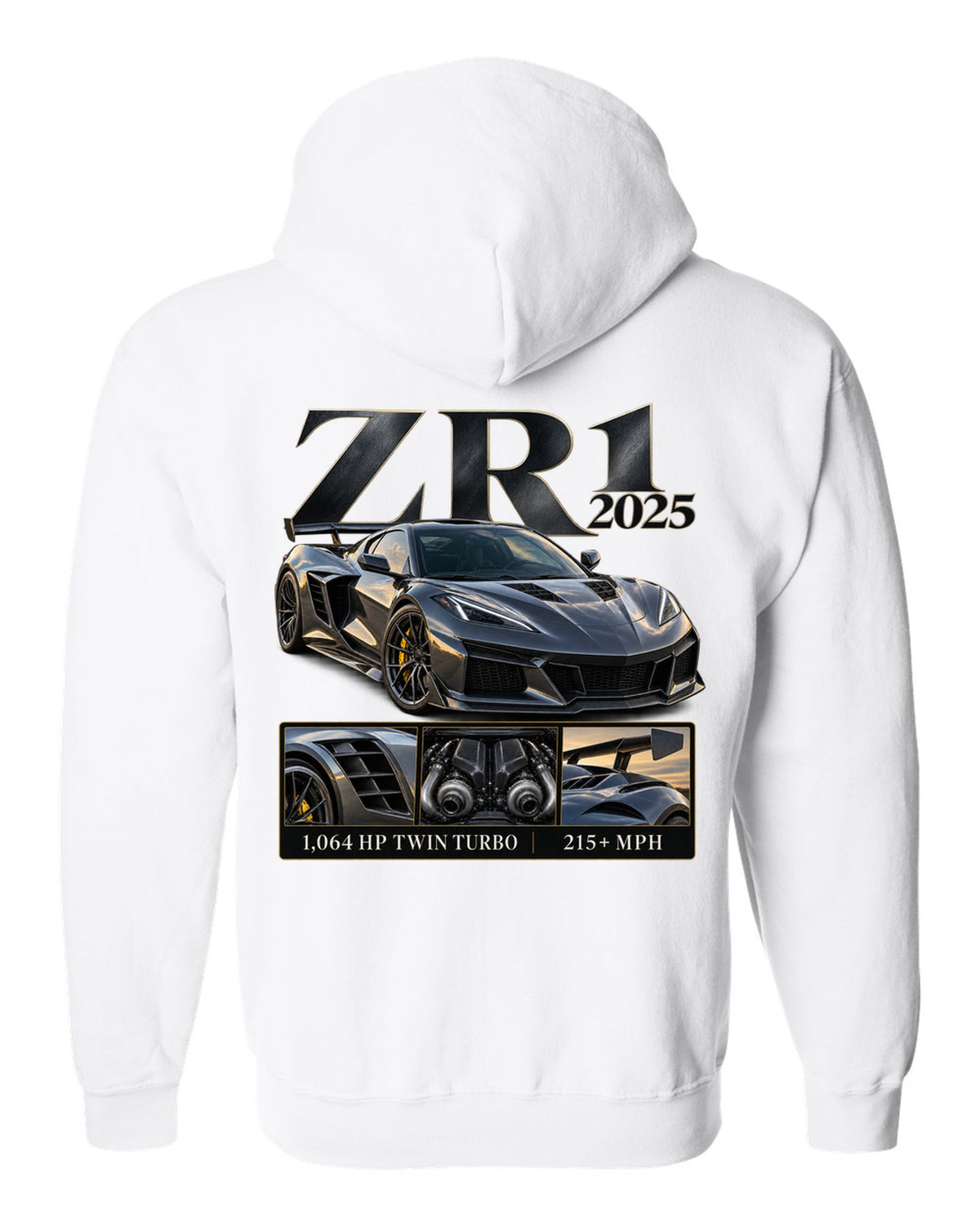 Corvette C8 ZR1 2025 with large fender vents, archive panel white zip hoodie back view with the design