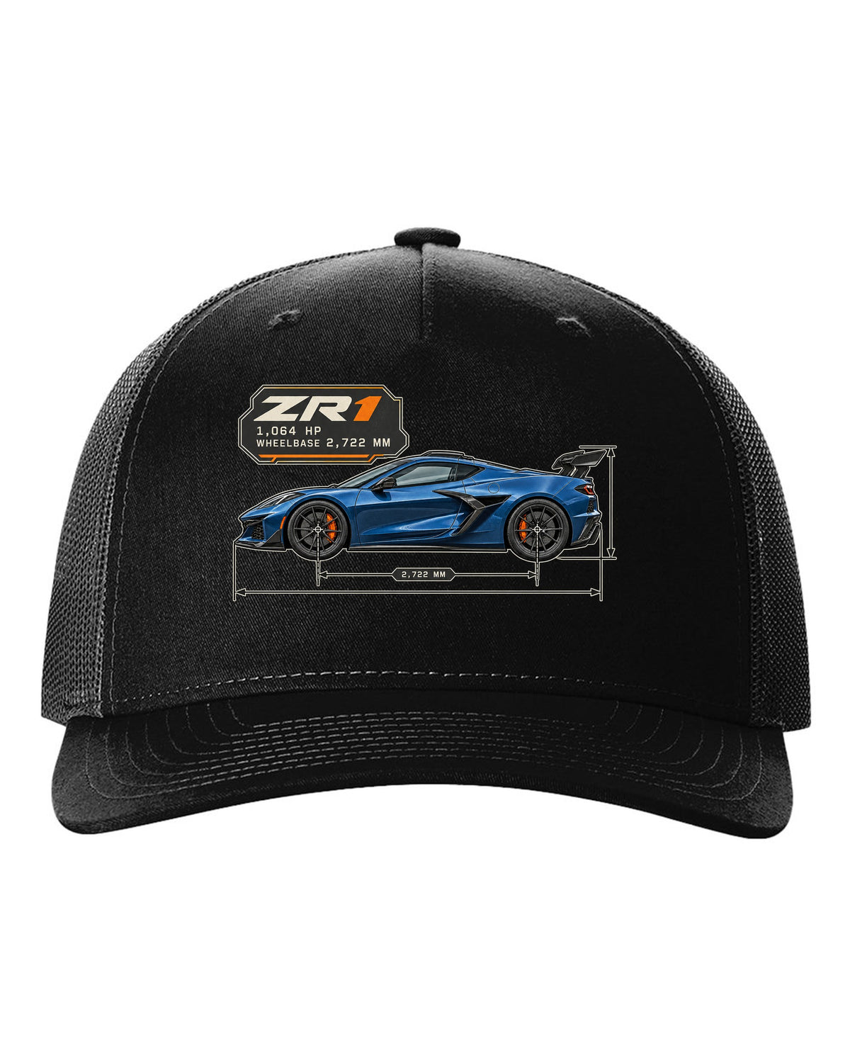 print of a Chevrolet Corvette C8 ZR1 2025 dimension blueprint with 1,064 HP and wheelbase text black hat front view with the design