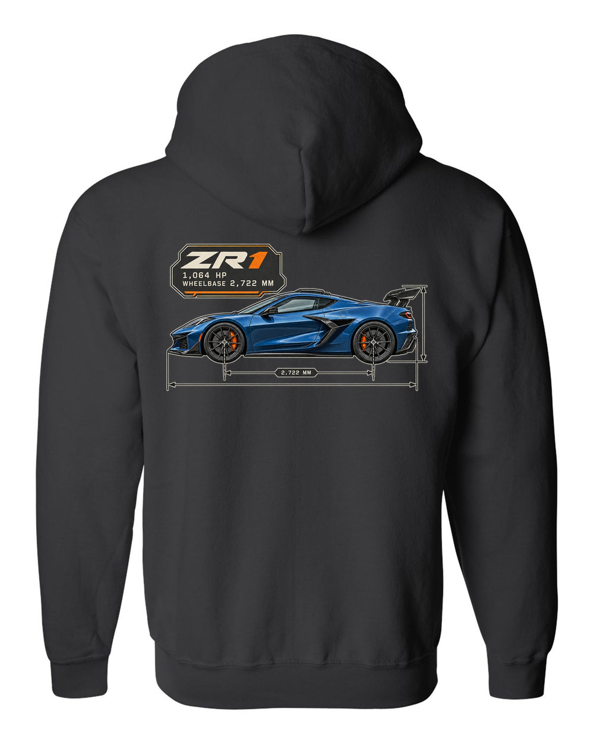 print of a Chevrolet Corvette C8 ZR1 2025 dimension blueprint with 1,064 HP and wheelbase text black zip hoodie back view with the design
