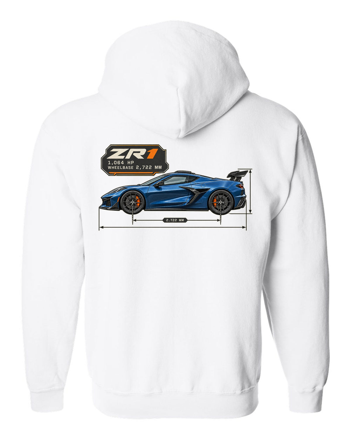 print of a Chevrolet Corvette C8 ZR1 2025 dimension blueprint with 1,064 HP and wheelbase text white zip hoodie back view with the design