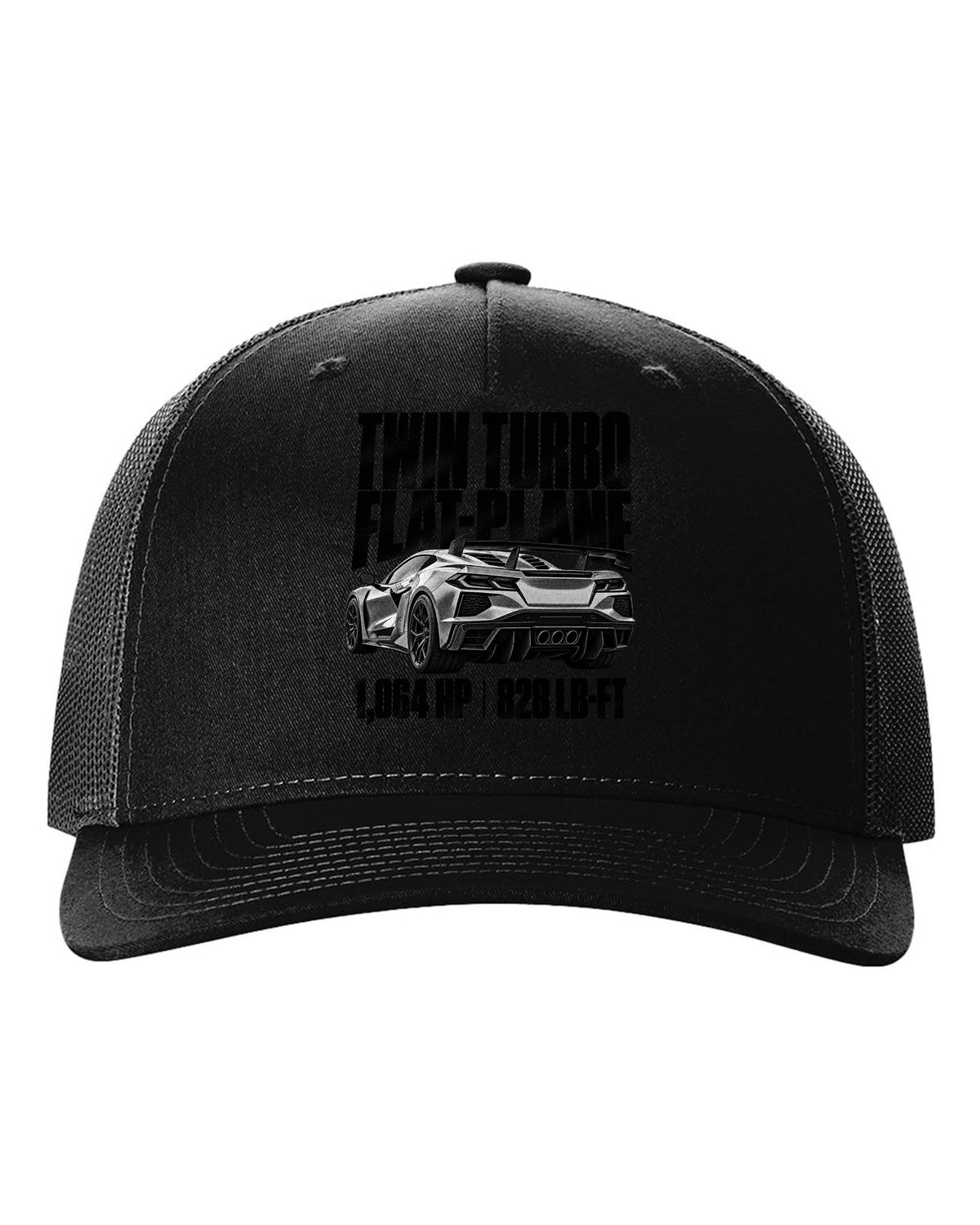 Corvette C8 ZR1 2025 hood vents and rear wing in halftone black hat front view with the design