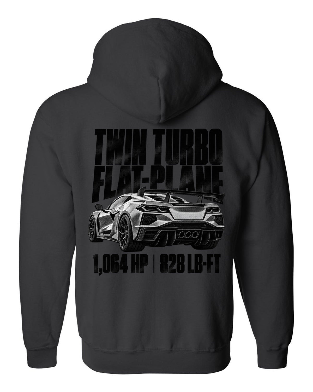 Corvette C8 ZR1 2025 hood vents and rear wing in halftone black zip hoodie back view with the design