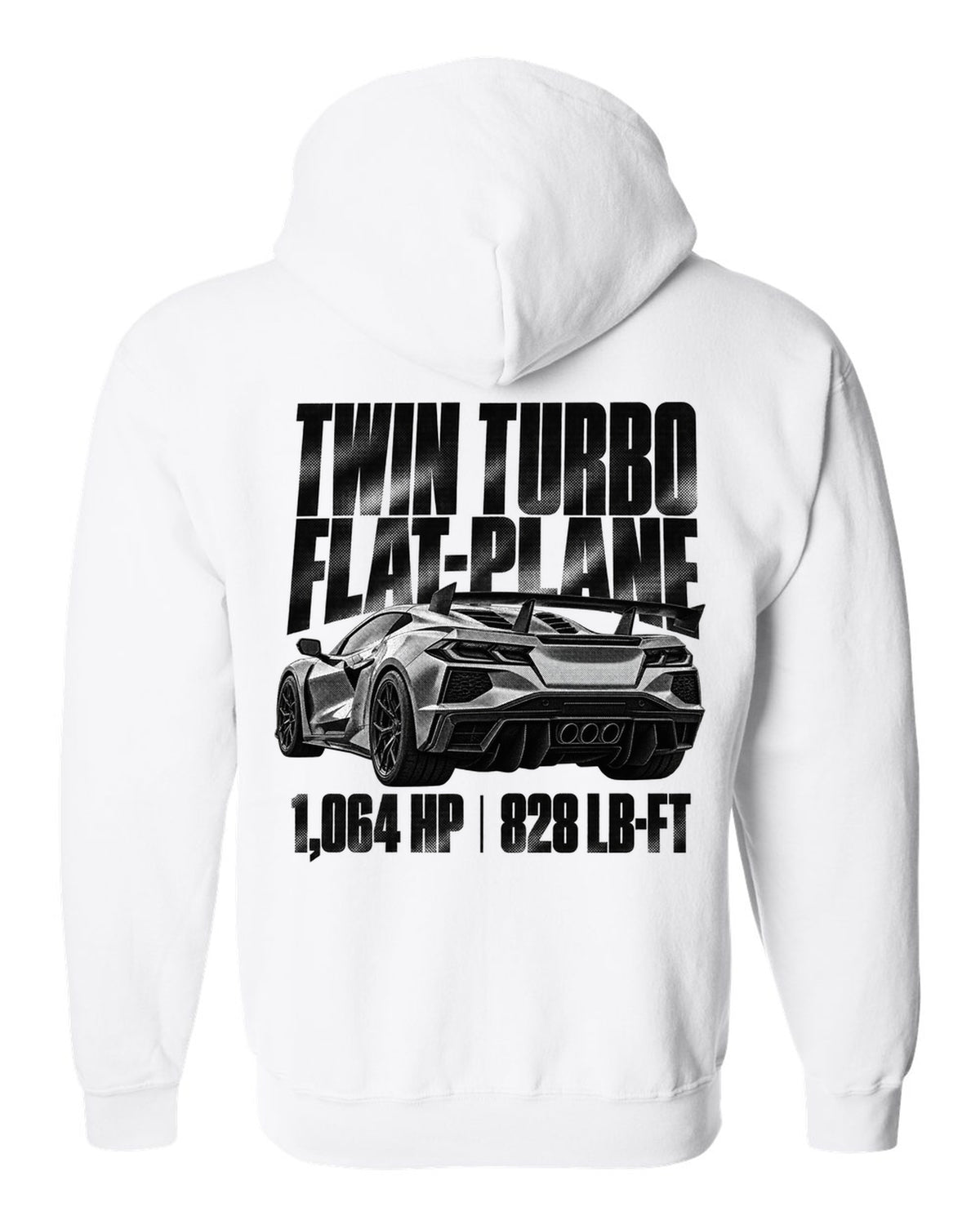 Corvette C8 ZR1 2025 hood vents and rear wing in halftone white zip hoodie back view with the design