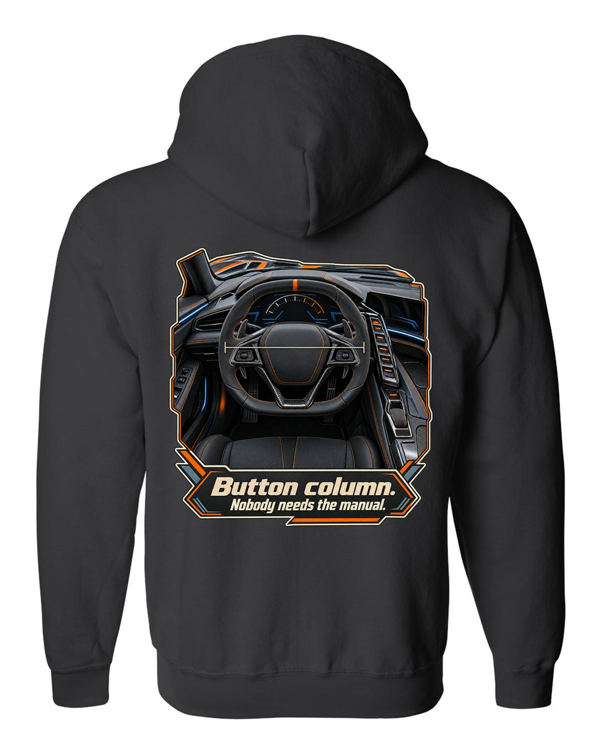 print of a Chevrolet Corvette C8 ZR1 cockpit with gauges and button column text black zip hoodie back view with the design