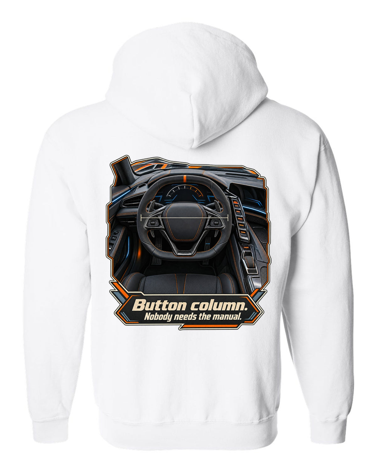 print of a Chevrolet Corvette C8 ZR1 cockpit with gauges and button column text white zip hoodie back view with the design