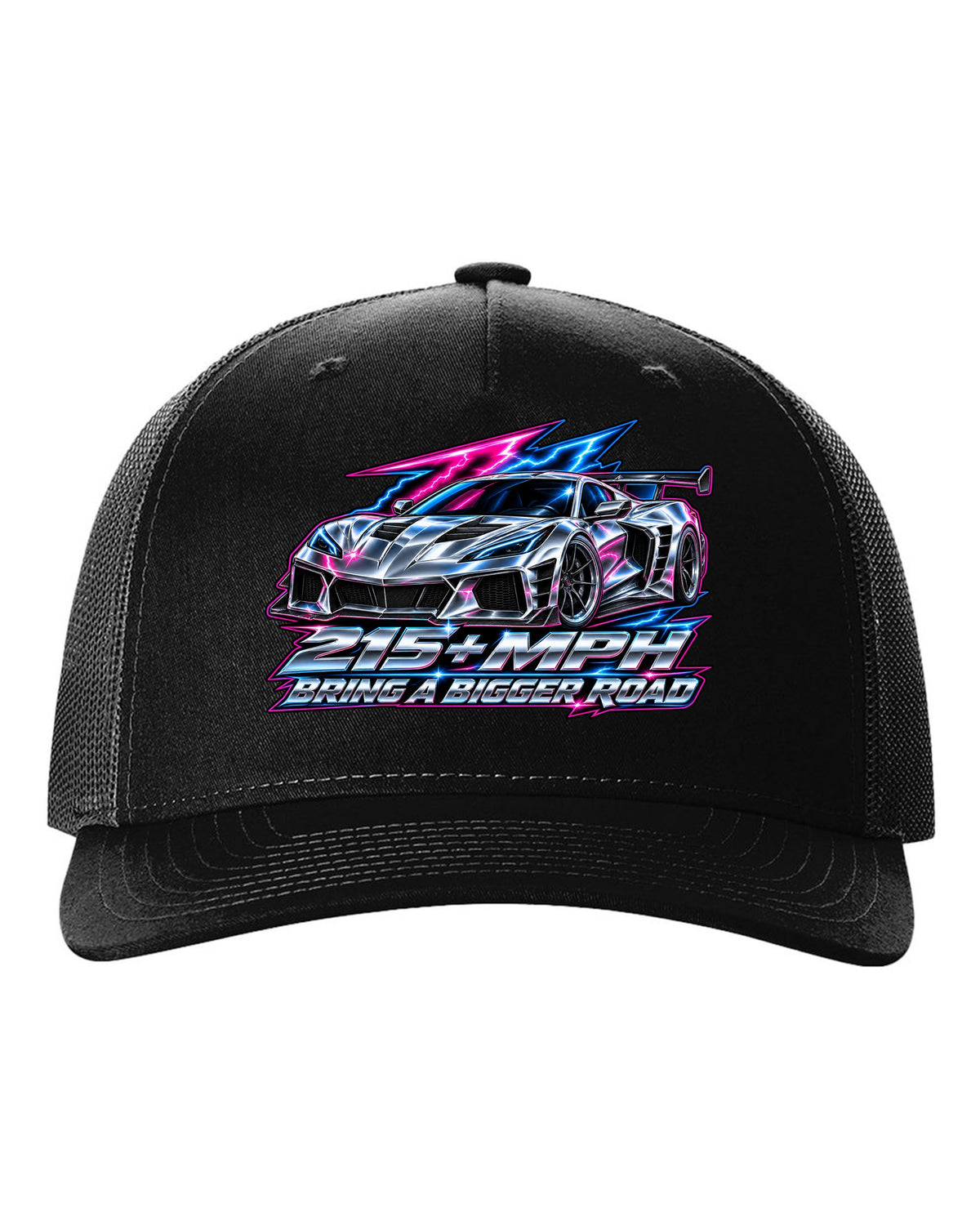 Gauge-cluster HUD design with a 2025 C8 Corvette ZR1 and 215 plus mph lettering black hat front view with the design