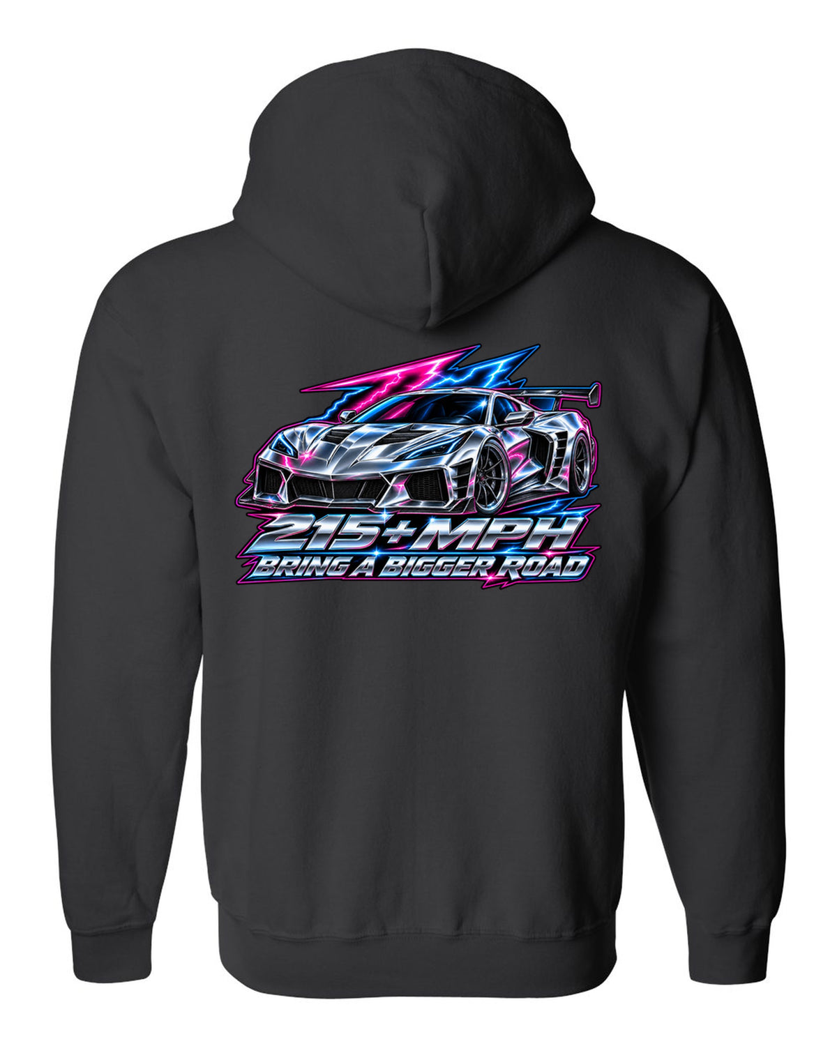 Gauge-cluster HUD design with a 2025 C8 Corvette ZR1 and 215 plus mph lettering black zip hoodie back view with the design