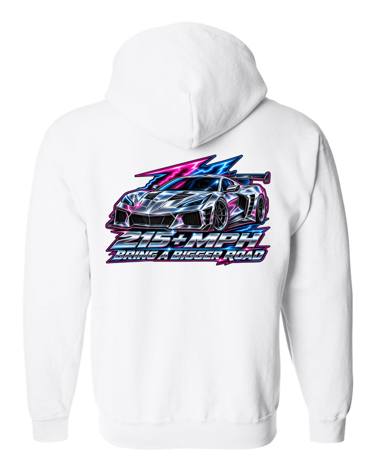 Gauge-cluster HUD design with a 2025 C8 Corvette ZR1 and 215 plus mph lettering white zip hoodie back view with the design
