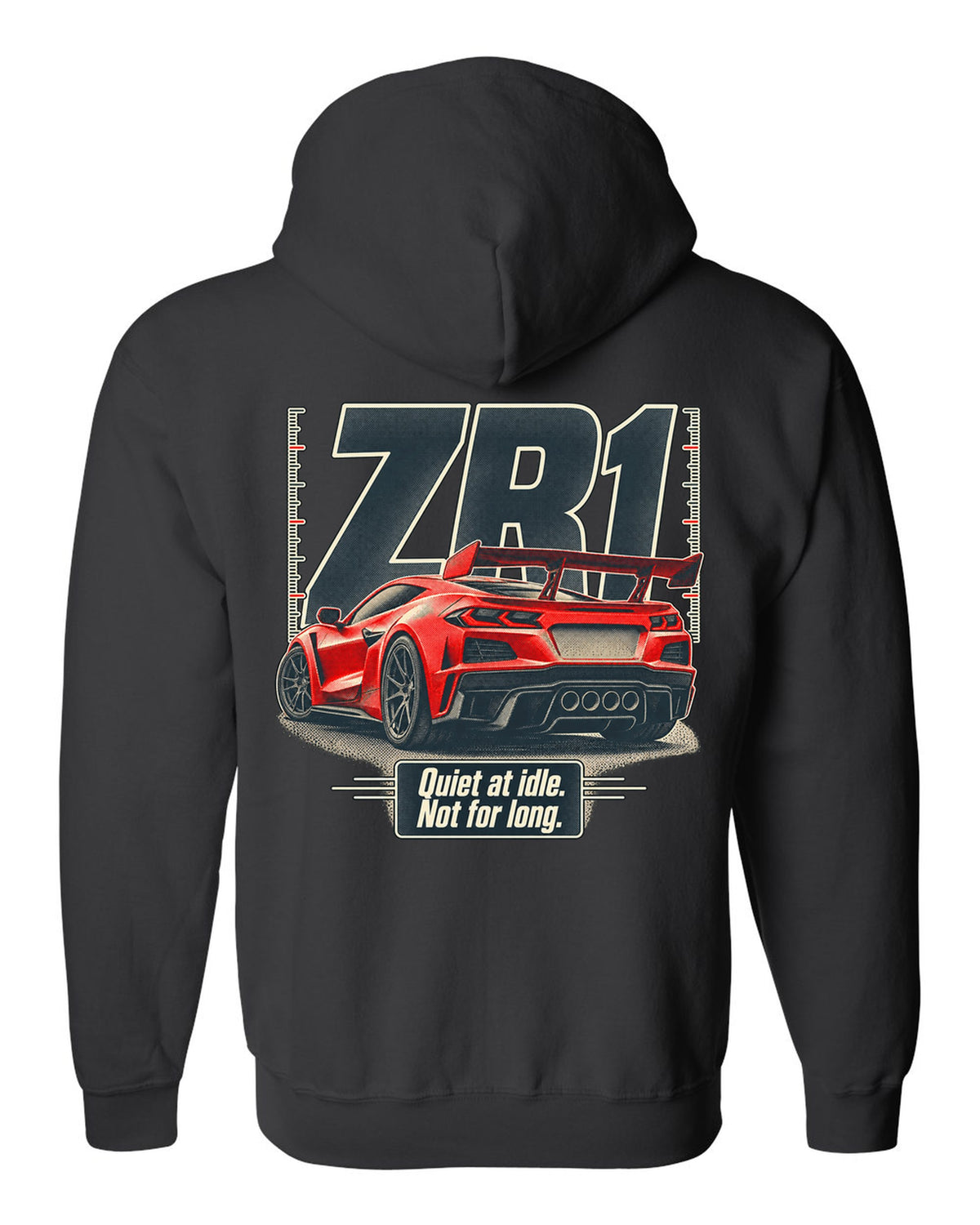 Halftone print of a Chevrolet Corvette C8 ZR1 with a quiet at idle statement black zip hoodie back view with the design