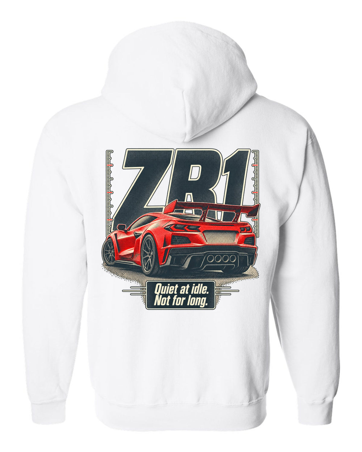 Halftone print of a Chevrolet Corvette C8 ZR1 with a quiet at idle statement white zip hoodie back view with the design