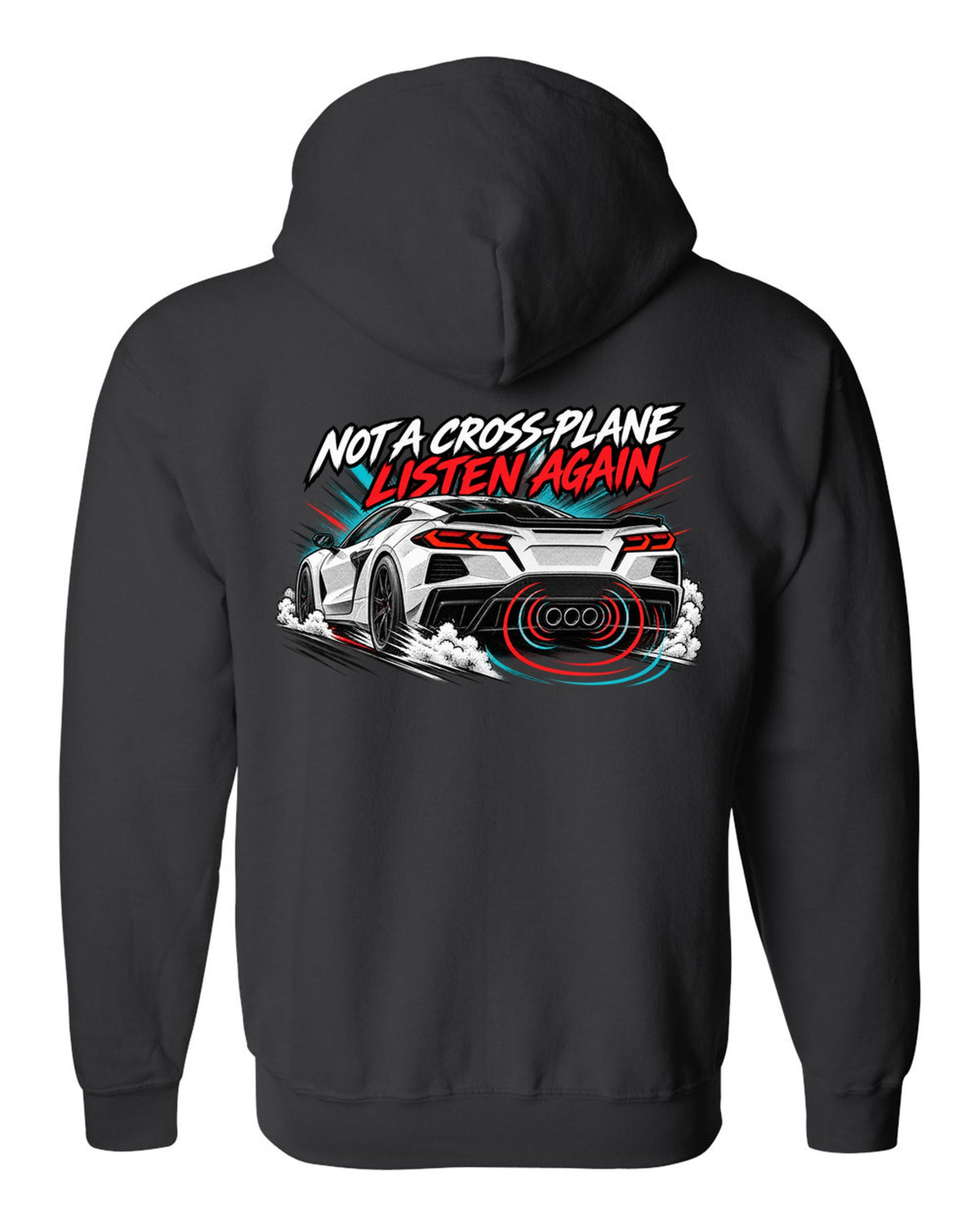 Badge crest design of a 2025 C8 Corvette ZR1 with large fender vents and rear wing black zip hoodie back view with the design