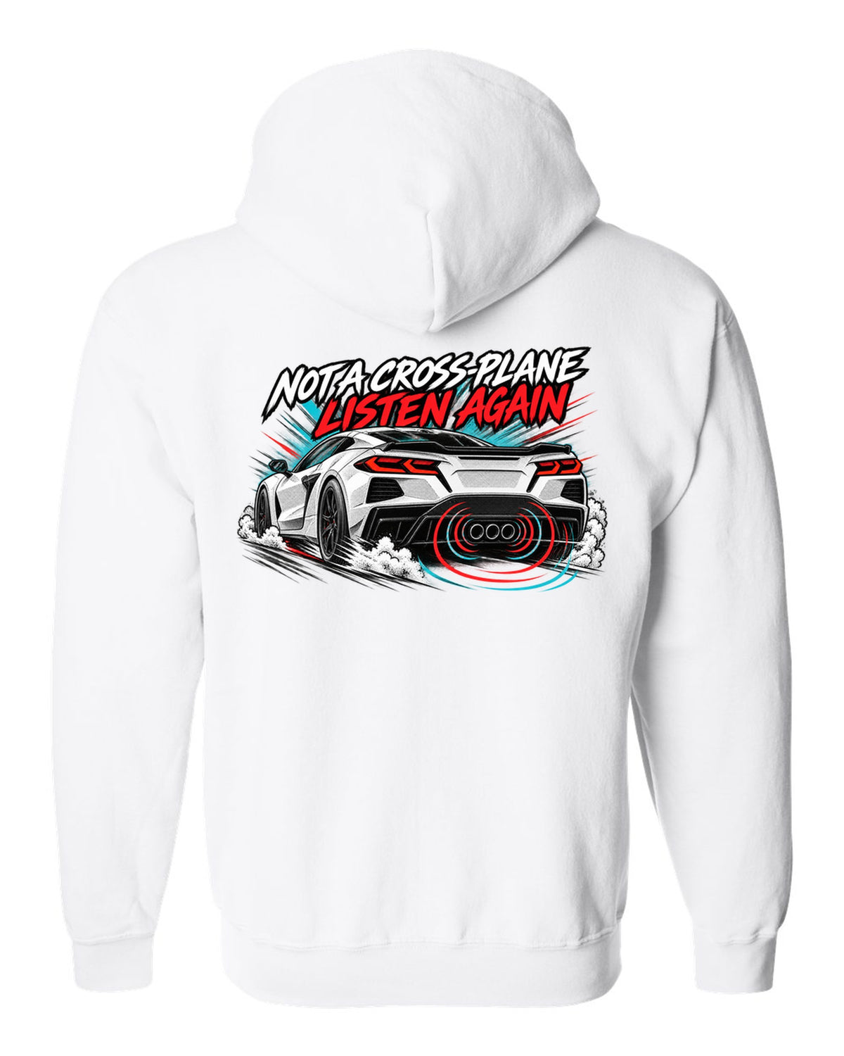 Badge crest design of a 2025 C8 Corvette ZR1 with large fender vents and rear wing white zip hoodie back view with the design
